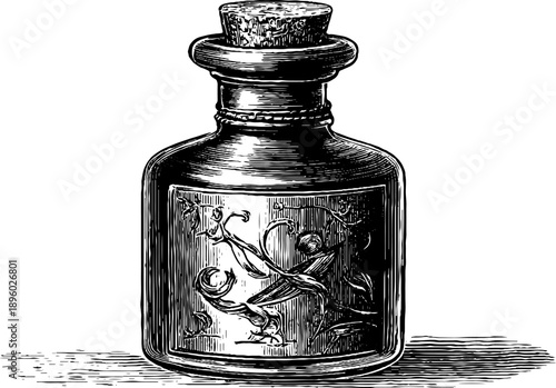 Wax sealed vintage bottle with botanical design in engraving style