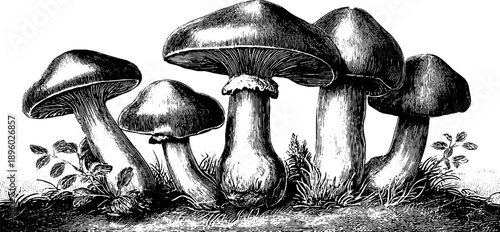 Vintage botanical study of colourful waxcap mushroom species - engraved illustration for design