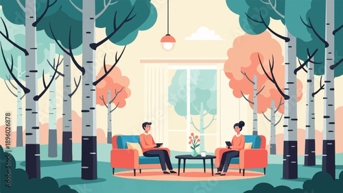 Two people relax in a cozy room with a view of trees and foliage