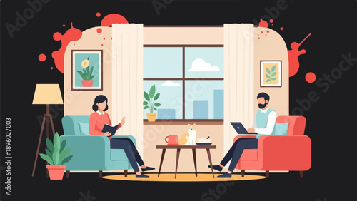 Two people relax indoors with a cat and laptop