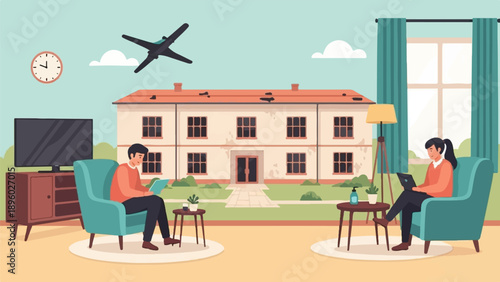 Two people relaxing inside a home, with a house and plane visible outside