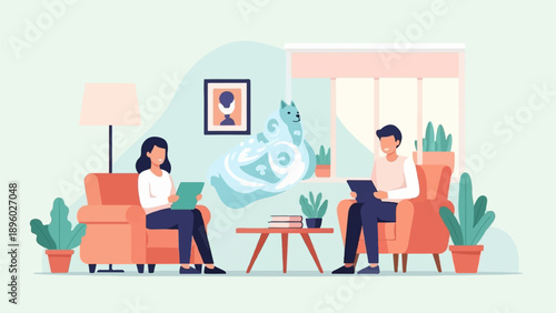 Two people sit in armchairs reading, a ghost-like dog floats