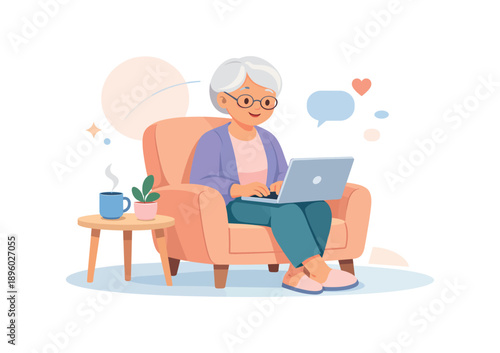 Elderly woman using laptop in armchair with coffee, flat vector illustration