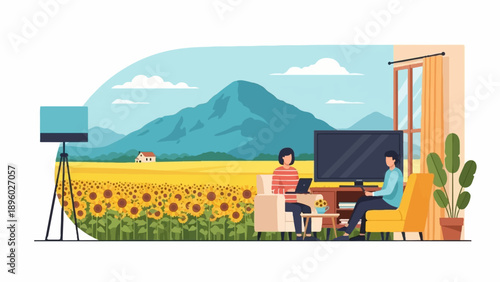 Two people relax in a living room overlooking a sunflower field and mountains