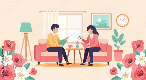 Two people relaxing on a sofa, reading and drinking coffee, surrounded by flowers