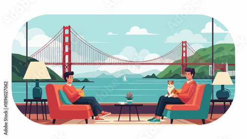 Two people relax indoors with a dog, viewing a famous red bridge