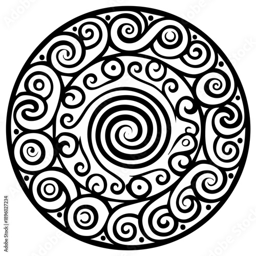 Intricate black and white circular spiral design with ornate decorative swirls and dots