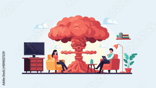 Two people relax in a living room with a mushroom cloud
