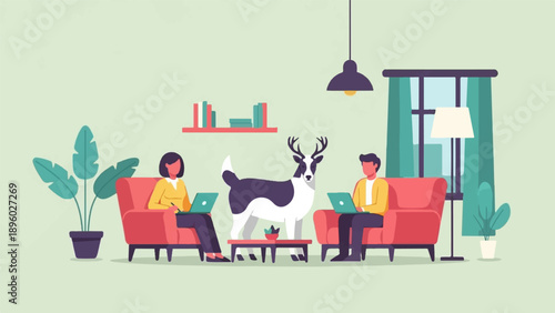 Two people sit in armchairs with laptops, a deer and plants in a room