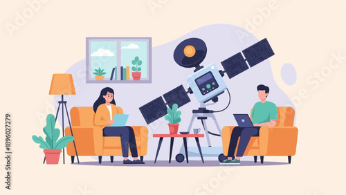 Two people relax indoors with a telescope and laptops