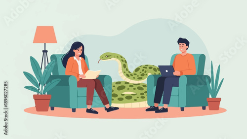 Two people sit in armchairs with a snake between them, one reading, one on a laptop