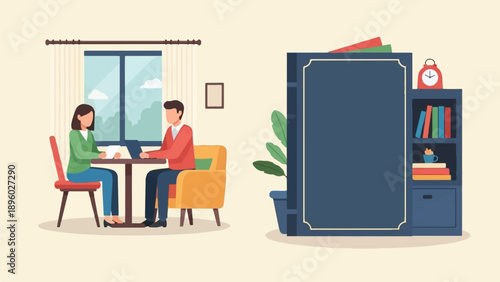 Two people seated at a table, discussing documents, with a bookshelf nearby