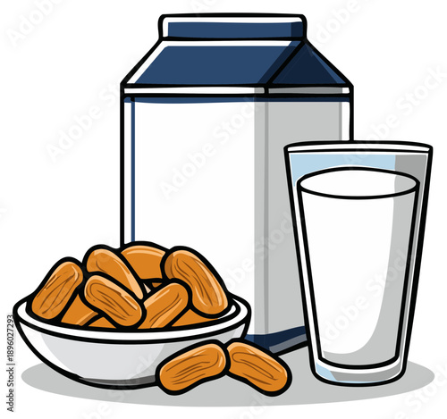 Healthy food combination: Nuts, a carton of milk, and a glass of milk