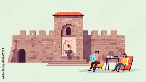 Two people relax near a stone fountain and crenellated wall