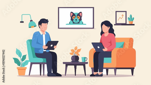 Two people sit and work on laptops in a modern living room, featuring a dog portrait