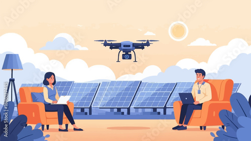 Two people relax near solar panels with a drone overhead