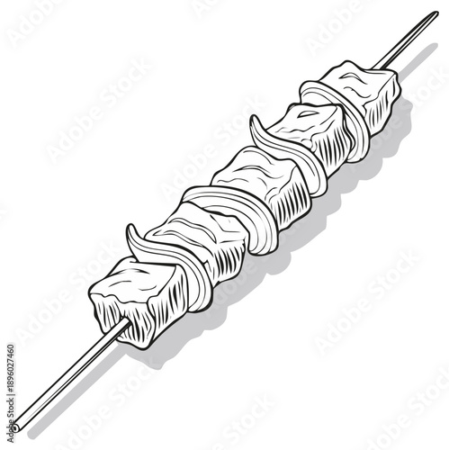 A shish kebab illustration features meat chunks interspersed with sliced onions, all threaded onto a skewer, simple line art drawing.