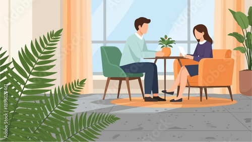 Two people sit at a small table near a window with plants in the foreground