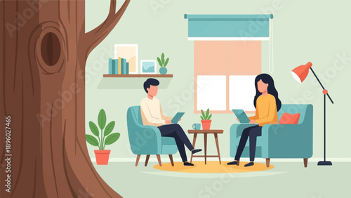 Two people sit in chairs, each with a tablet, in a room with plants and a large tree