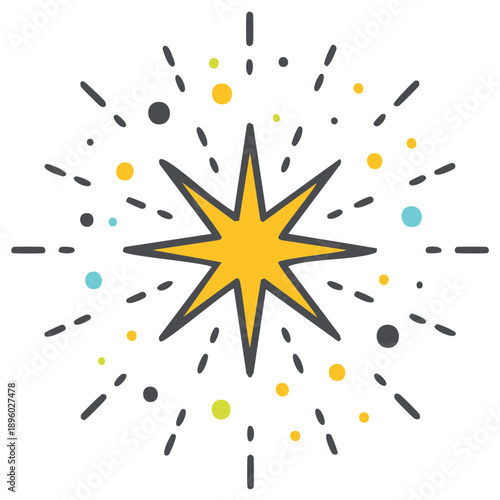 Vibrant yellow star icon with sparkling explosion effect and scattered colorful dots