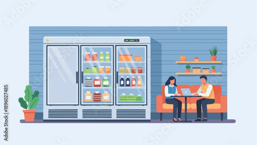 Two people sit at a table by a refrigerator with drinks and food items