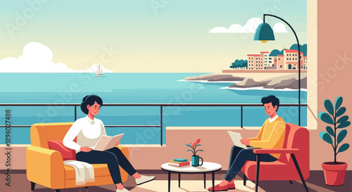 Two people relax on a balcony by the sea, reading and using laptops