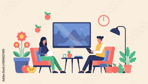 Two people sit in chairs, facing a television screen, with a table between them