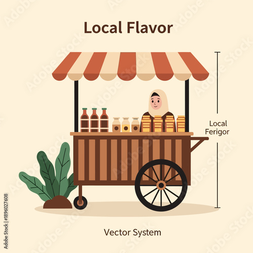 Flat vector illustration of a friendly female street food vendor serving local delicacies from a charming cart, depicting traditional culinary culture and small business