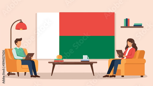 Two people relax on chairs, engaged with tablets, a flag hangs on wall
