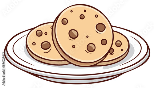 Cartoon illustration of three chocolate chip cookies on a plate. Sweet baked dessert or snack vector graphic.
