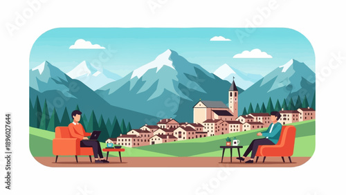 Two people relax on chairs with laptops and drinks in a village by the mountains