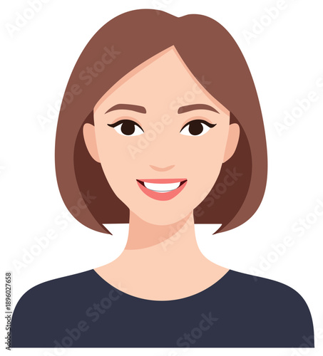 Flat vector portrait of a smiling young woman with bob haircut and dark shirt