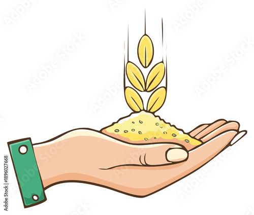 Wheat stalk turning into flour in a cupped hand cartoon illustration