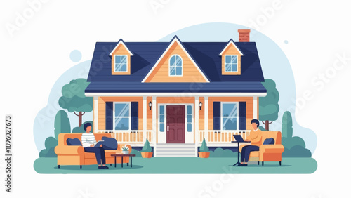 Two people relax on couches outside a suburban house, reading and working