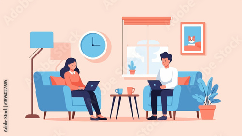 Two people relax on couches, working on laptops in a cozy living room