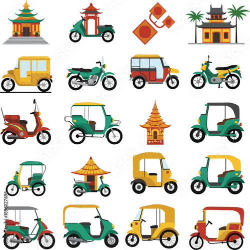 Tuk Tuk and Motorcycle Vector Illustrations for Travel