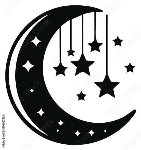 Crescent moon with hanging stars and scattered star shapes for nighttime sky decoration
