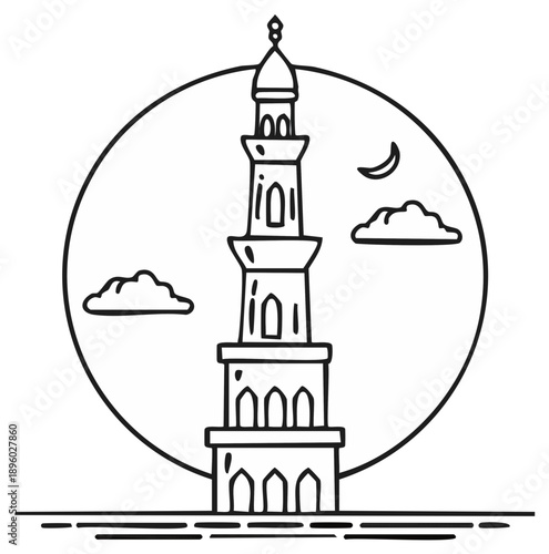 Minaret illustration against moonlit sky and clouds in a simple black and white line drawing