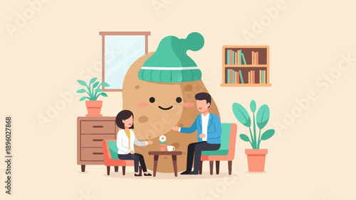 Two people sit in comfortable chairs, chatting near a large, smiling potato wearing a hat