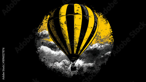 Graphic art of a striped yellow and black hot air balloon surrounded by textured clouds, on a black background
