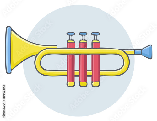Illustration of a Yellow Trumpet, with Blue Details on a Light Blue Circle Background