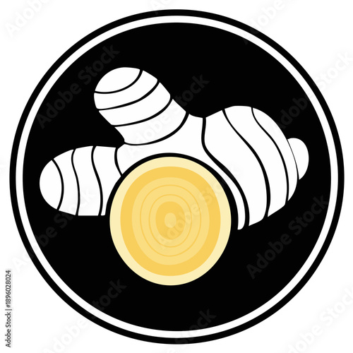 Illustration of Ginger Root and Slice Within a Black Circular Frame