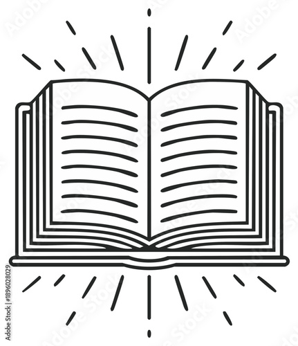 Open book with radiating light in line drawing style symbolizing knowledge and learning