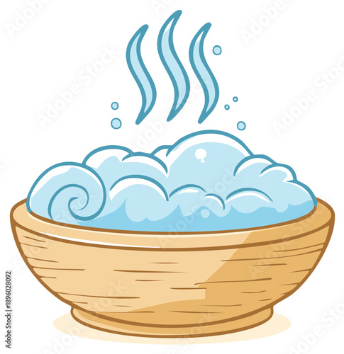 Wooden basin filled with steaming hot soapy water and bubbles