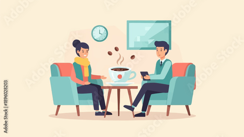 Two people sit in comfy chairs having a coffee break together