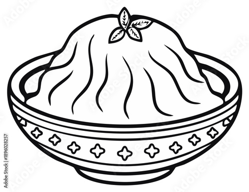 Bowl of creamy dip or mashed food topping with fresh herbs - Black and white vector illustration
