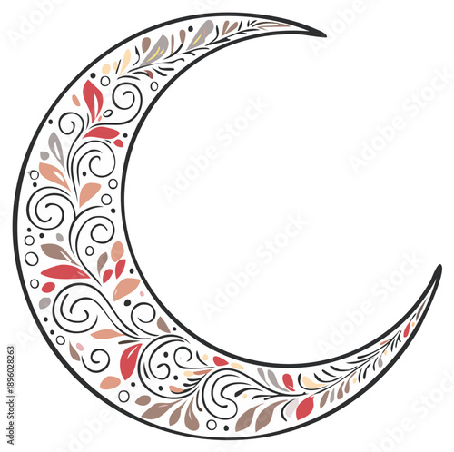 Decorative Floral Crescent Moon Illustration with Ornate Swirls and Botanical Elements Design