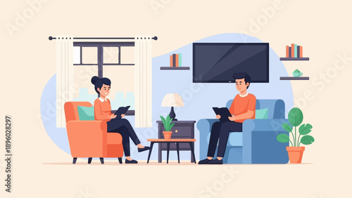 Two people sit in cozy armchairs in a living room, reading