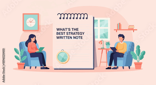 Two people sit in cozy chairs, reading notes and books, a notebook displayed prominently