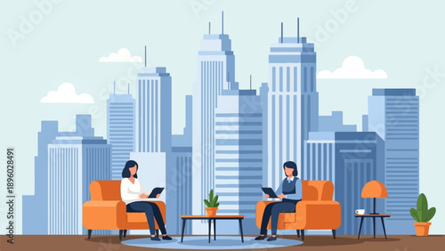Two people sit in orange chairs, working on tablets, with city skyline